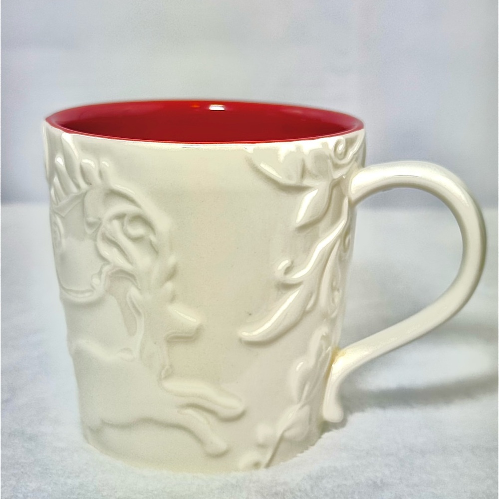 Starbucks 2009 Bone China Cream Embossed Reindeer Red Interior EUC